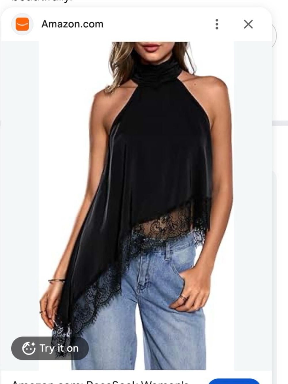 New Women Medium elegant black satin halter top, assymetrical Lace Drapes